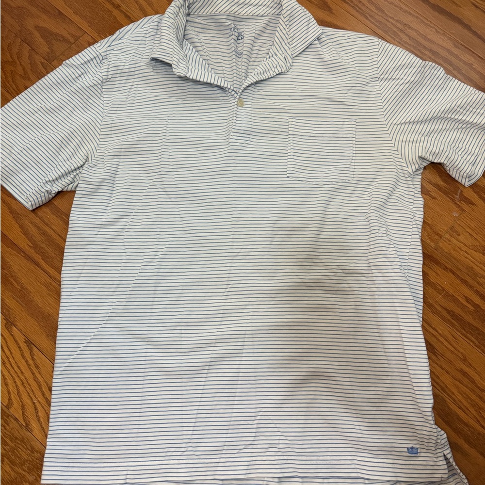 Peter Millar crown crafted mens pinstripe cotton polo shirt white and blue small